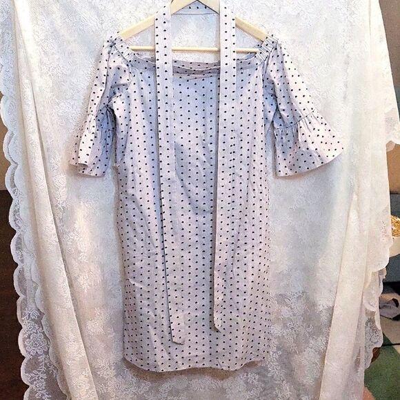 Banana Republic Swiss Dot Light Blue Off the Shoulder Midi Dress Size XS, Belted - Picture 2 of 7